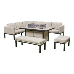 Modern L-Shaped 9-Seater Aluminium Patio Set with Fire Pit Table in Beige