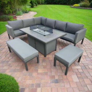 Modern L-Shaped 9-Seater Metal Patio Set with Fire Pit Table