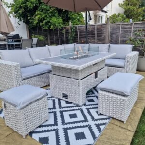 Grey Rattan Rectangular Garden Corner Adjustable Firepit Dining Set