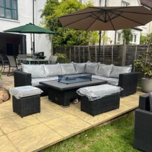 Black Rattan Rectangular Garden Corner Adjustable Firepit Dining Set